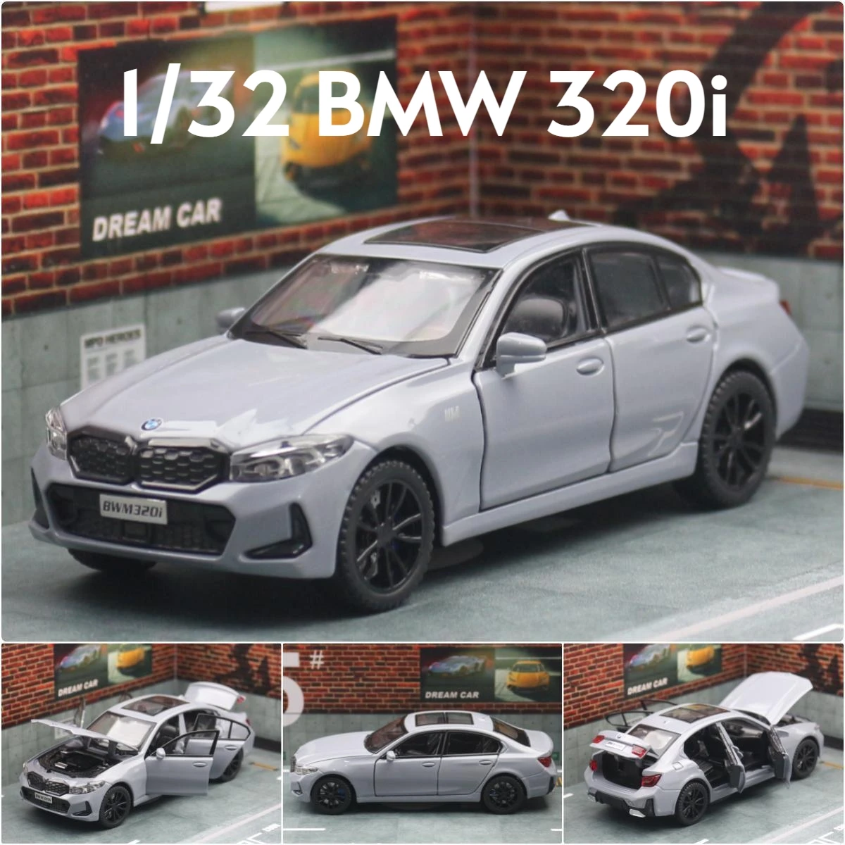 1/32 BMW 320i Limousine Miniatur-Druckguss-Spielzeugautomodell, Ton- und Lichttüren, zu öffnende pädagogische Sammlung, Geschenk für Kinder, Jungen