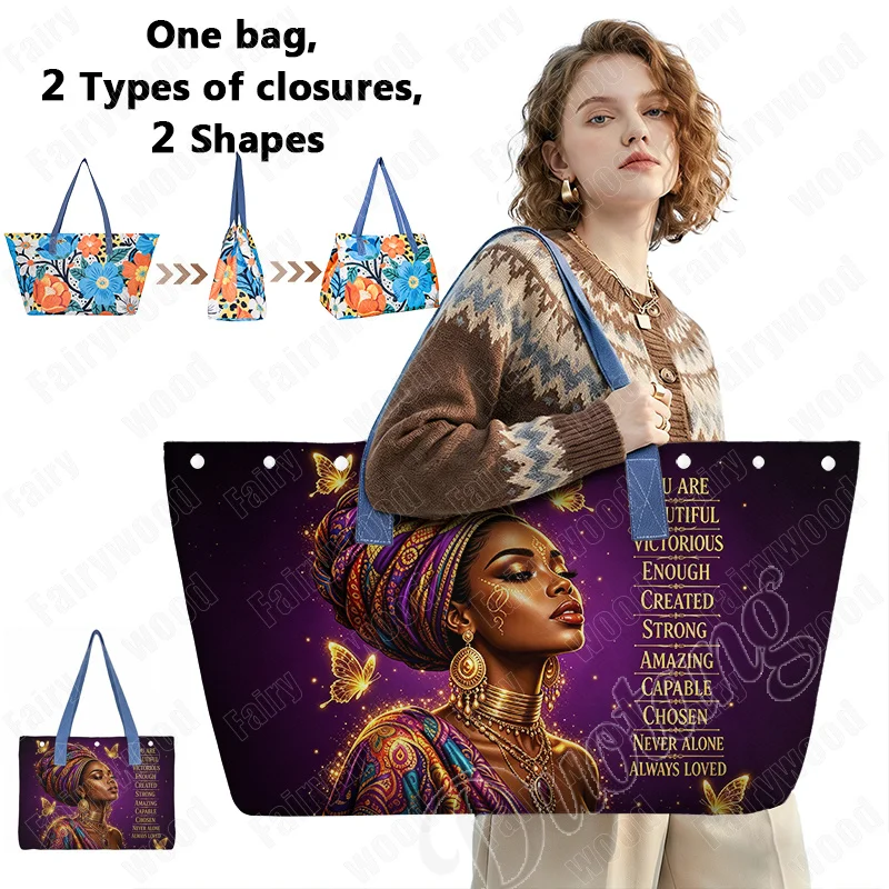 African American Black Women Print Shoulder Bag for Travel Aro Inspirational Black Girl Handbag Large Capacity Storage Totes Bag