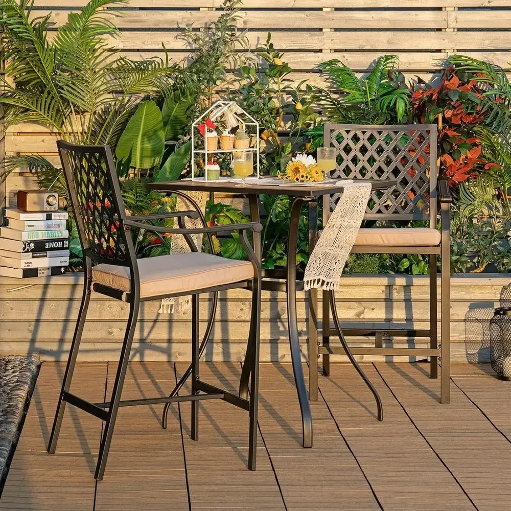 Outdoor Patio Bar Chairs with Cushions - Metal Bistro Set for Garden, Backyard, Poolside
