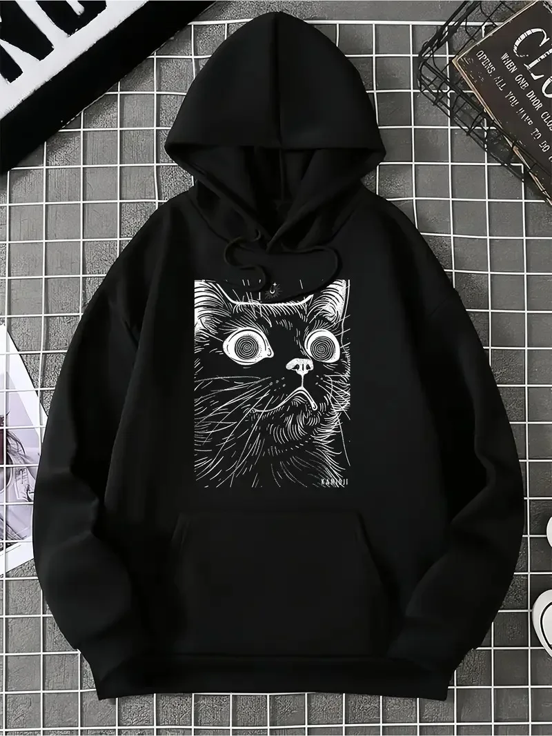 

Trippy Black Cat Witchy Horror Graphic Print Autumn and Winter Cotton Men's and Women's Hoodies Outdoor Street Sports Training
