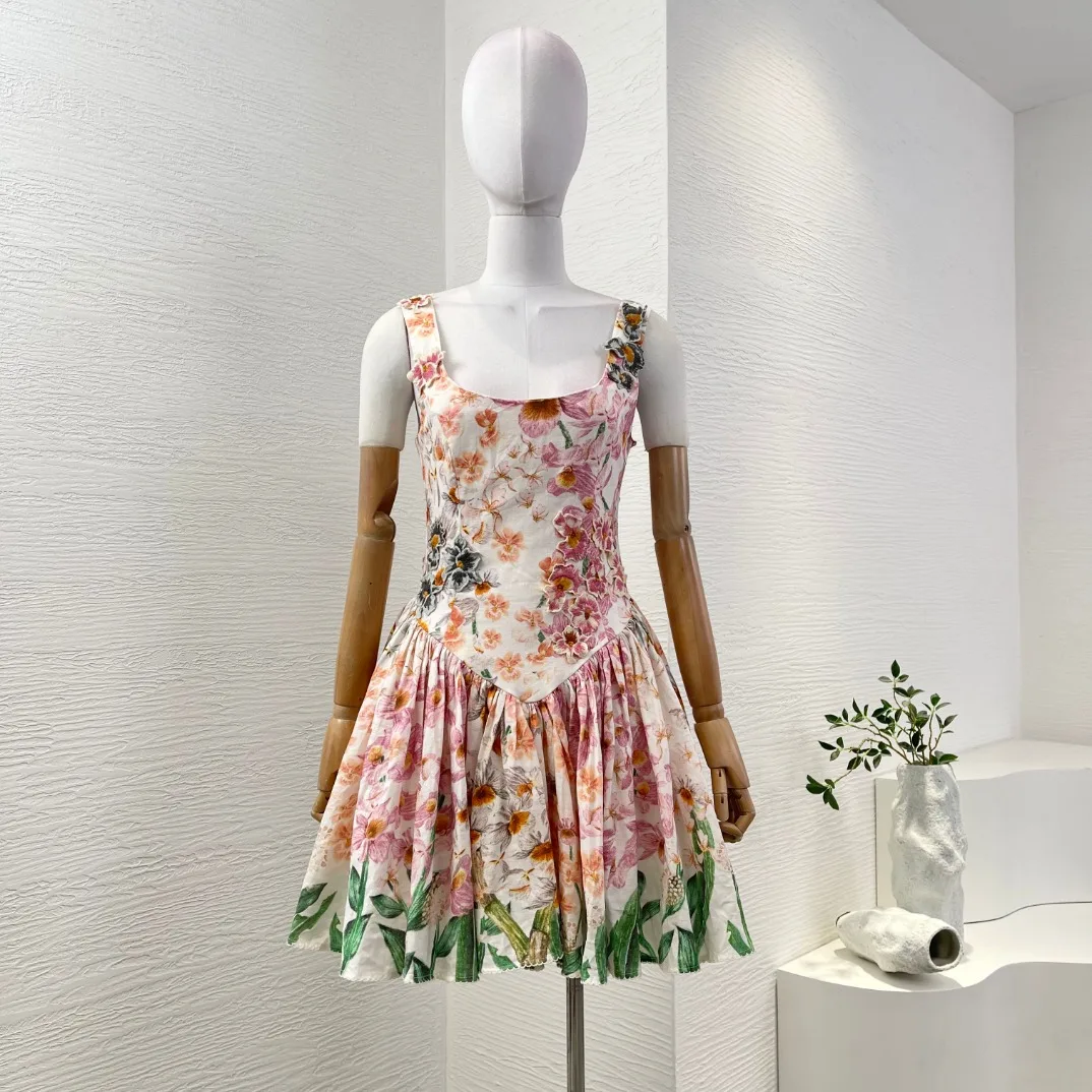 

Cotton Sweet Pink Flowers Print Sleeveless Pleat Mini Dress for Lady