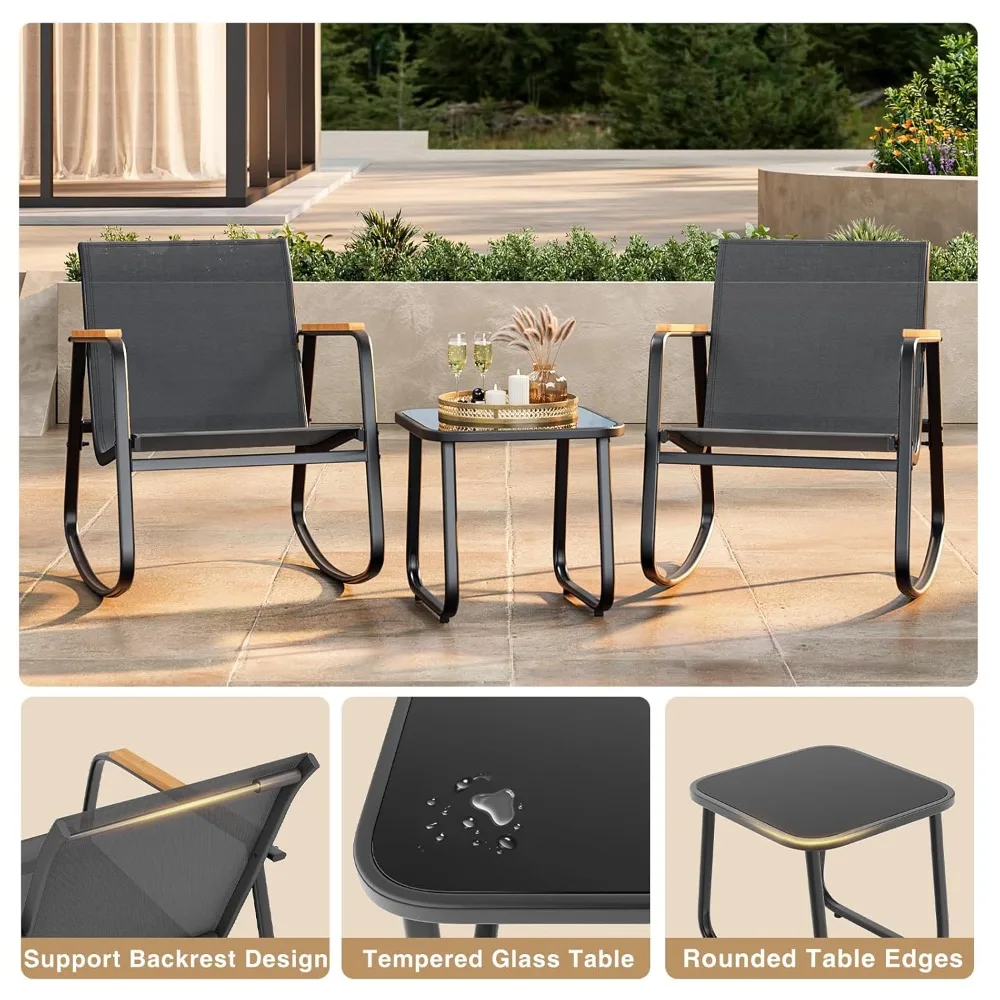

3 Pieces Patio Furniture Set Textilene Fabric Outdoor Patio Rocking Bistro Set with Wooden Armrests and Coffee, Customized