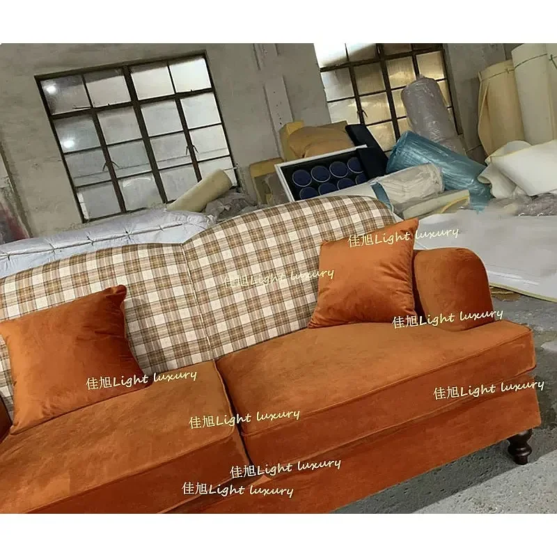 B80 Cocoa Bupu Double Sofa Vintage Velvet Plaid Pattern Orange Two-Seater Couch Removable Washable