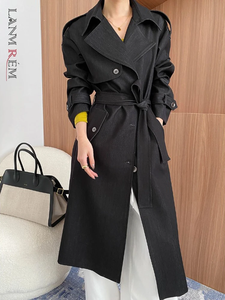 LANMREM Elegant Women's Black Trench Coat Lapel Belt Office Lady Patchwork Design Windbreaker 2025 Fashion Clothing 2DC1321