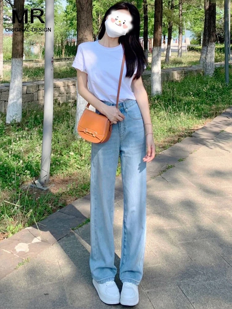 

Новые летние светло-голубые джинсовые брюки женские, ультратонкие, из ледяного шелка, широкие прямые штанины, с высокой талией, на молнии, свободный крой