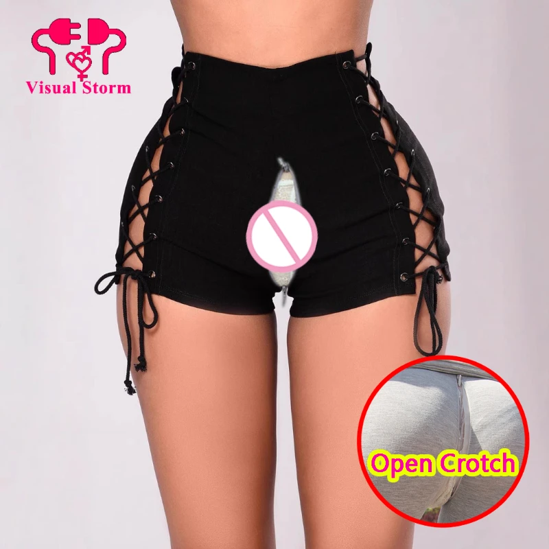 Vrouwen Hollow Out Open Kruis Shorts Zomer Verborgen Rits Hoge Rise Slim Fit Rits Doek Crotchless Mini Legging Sexy Kant