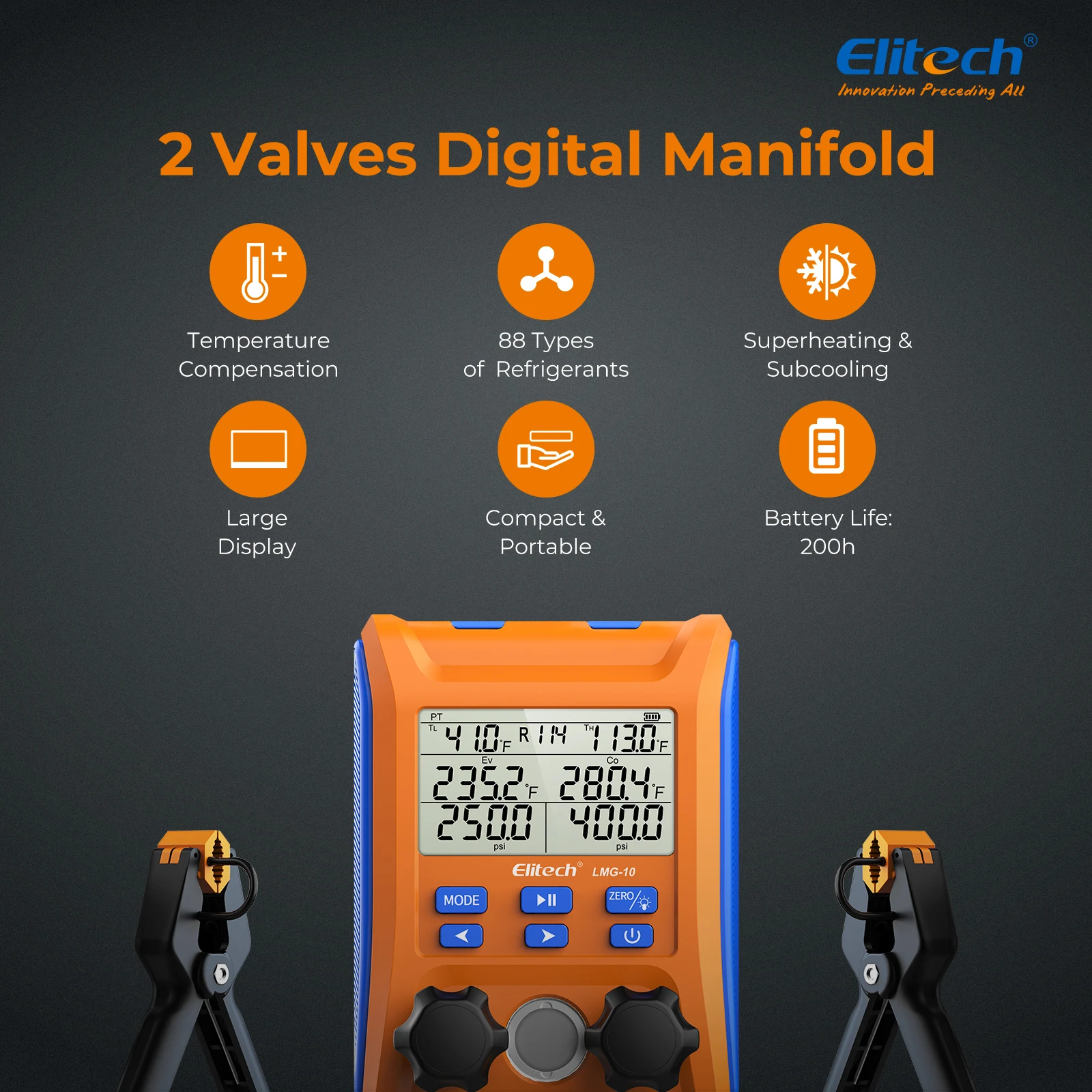 Elitech LMG-10 manometro digitale HVAC manometro AC strumenti valvola a 2 vie con morsetti di temperatura