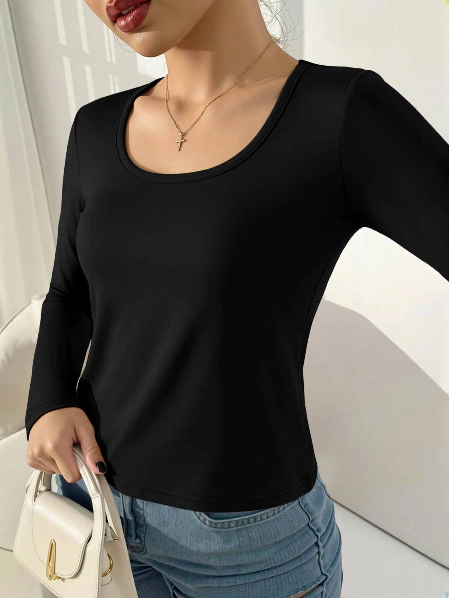 Sophisticated U‑Neck Long Sleeve Fitted Top, Silky Stretchy Knit Shirt for Smart‑Casual Work & Office Daily Wear view 2