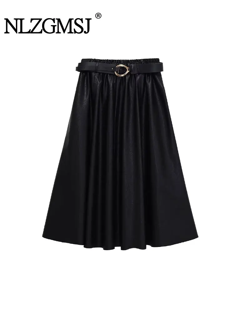 

NLZGMSJ Women Autumn Winter Chic Faux Leather Pleated Long Skirts Fashion New With Belt Midi Skirt Street Casual Holiday Skirts