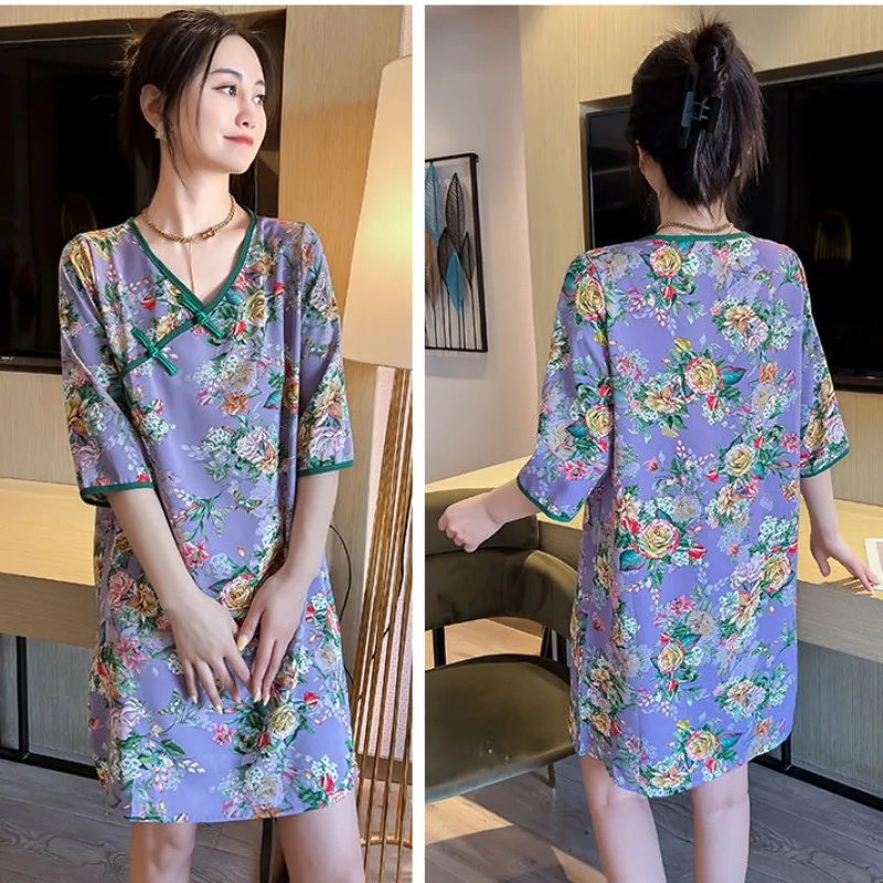 High-end Youth Pajamas Dresses Royal Disc Buckle Homewear Three-quarter Sleeve Sleepskirt Women 2024 New Casual Loose Nightgowns