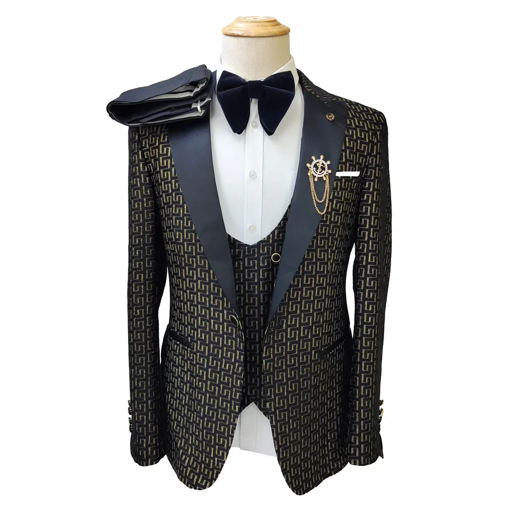 Black and White Men's Suit 3-piece Gold Palace Print Road Wedding Costume Men Clothing  Wedding Suits for Men