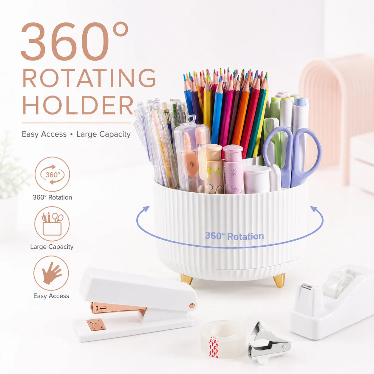 White 360 Degree Rotating Pen Holder Desk Organizer with Office Stationery Set, Stapler Tape Dispenser Hole Punch Scissors and