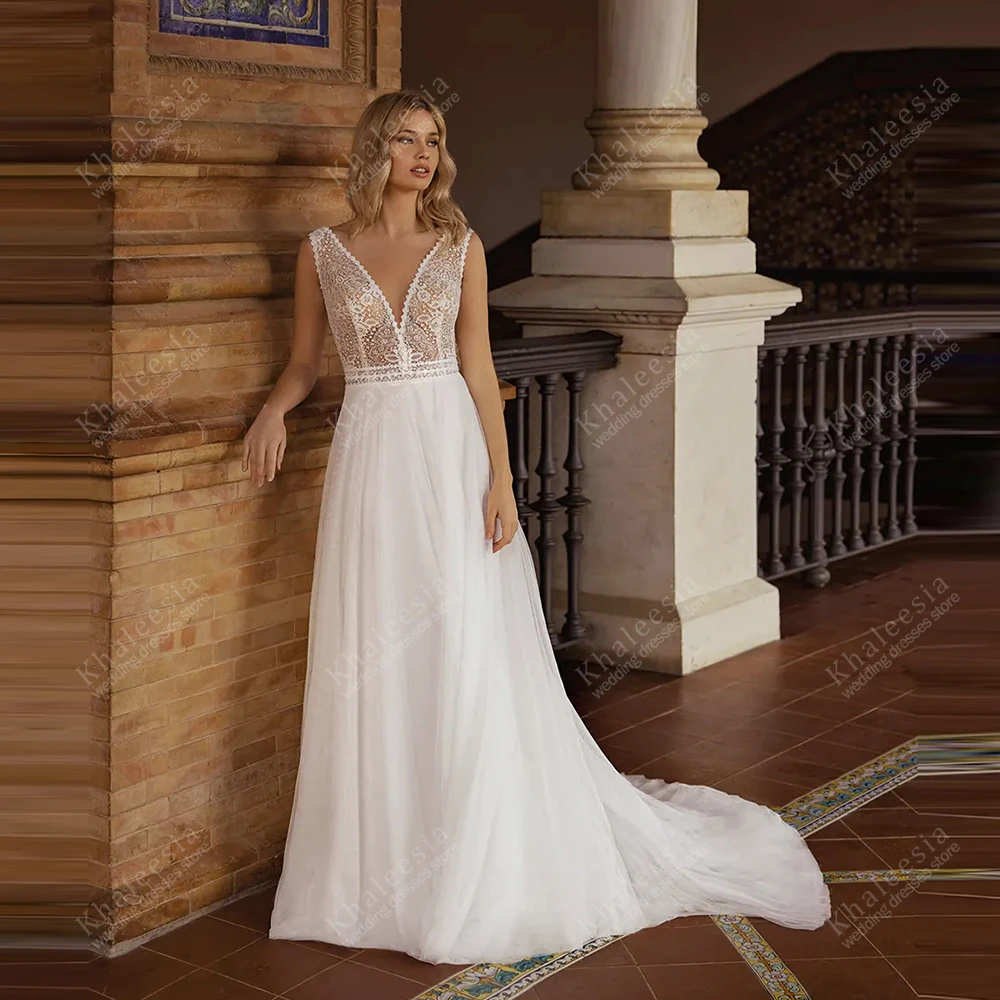Vestidos de casamento vintage uma linha tule em camadas vestidos de noiva rendas apliques sem mangas sem costas vestidos de novia personalizado 2025