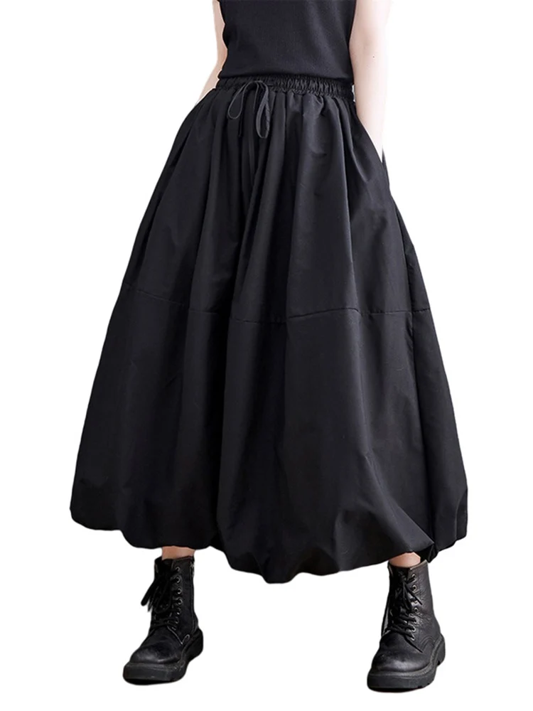 Black Vintage High Waist Pleated Skirt Women Fashion Plus Size Drawstring Loose Casual Long Skirts Clothing Spring Autumn 2025
