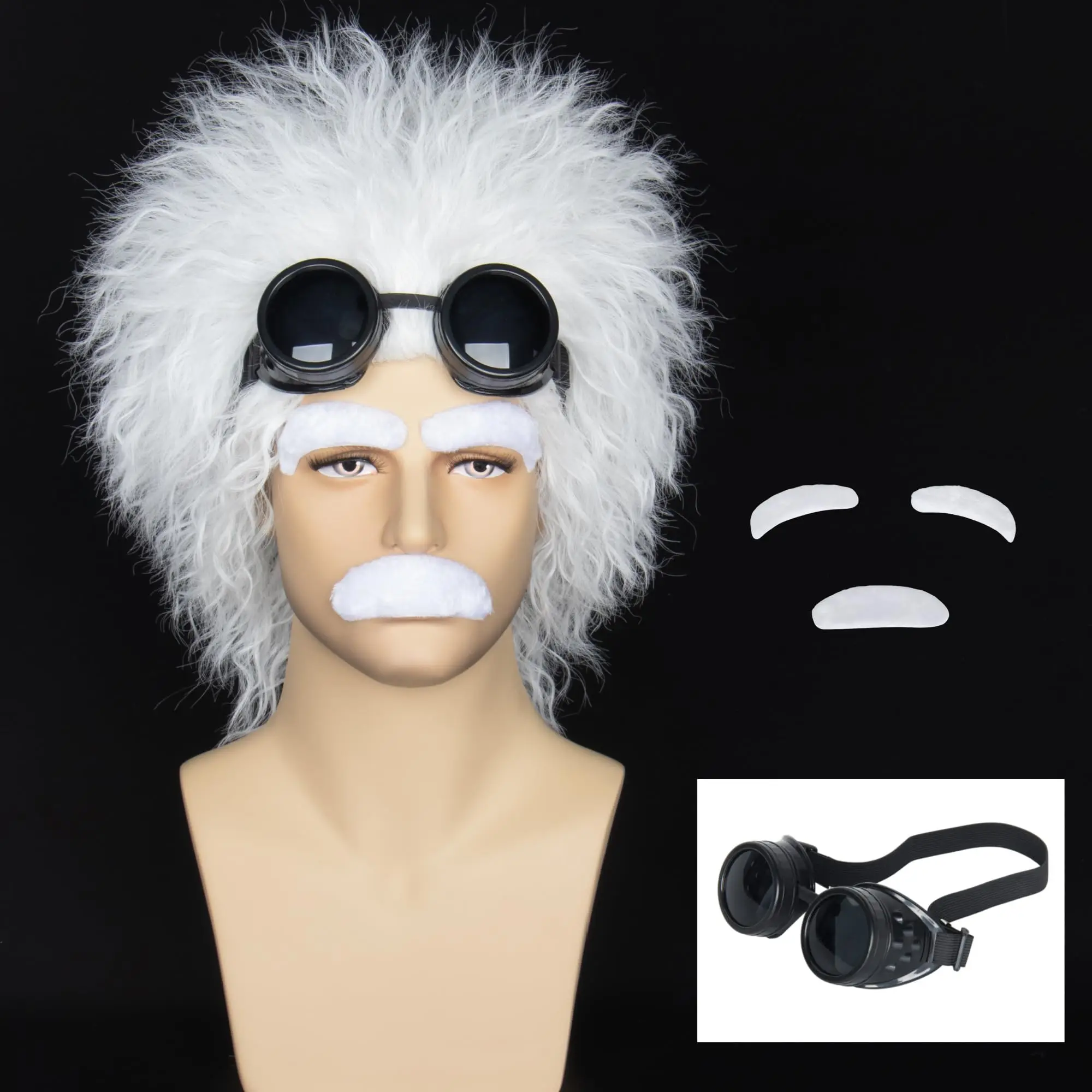 Miss U Hair Mad Scientist Wig with Moustache Eyebrows Glasses Set - Short Curly White Hair for Halloween Costumes and Cosplay