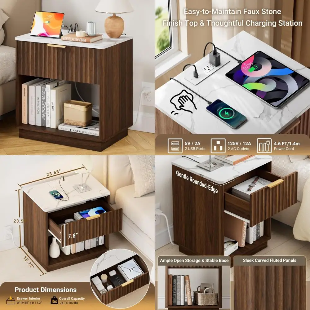 Table de chevet moderne du milieu du siècle avec station de recharge, grande table de chevet cannelée en noyer avec plateau en faux marbre