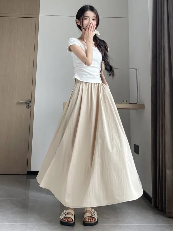 Ice Silk A-Line  Skirt High Waist Flared Hem Small Size Women's Faion Commute Nylon Polyester Fiber Korean Sle Skirt