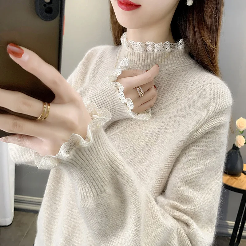 New Half High Neck Sweater Fashion Women\'s Pullover Elegant Lace Edge Autumn Winter Bottoming Top Warm Pull Femme Knitwears