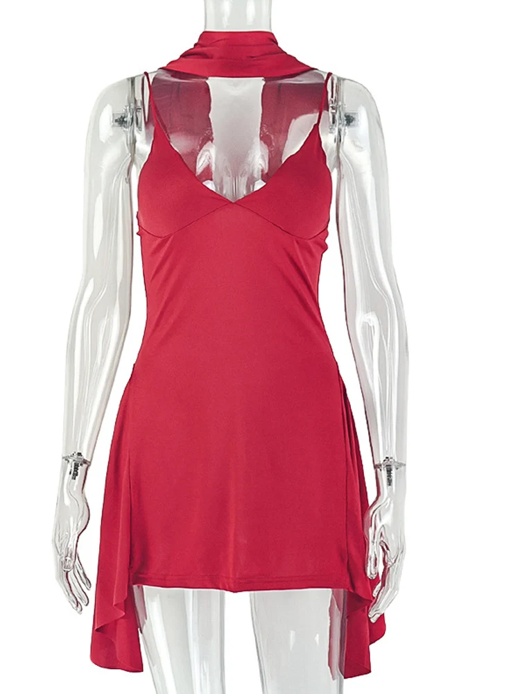 ชุดมินิเดรสสีแดงแบบผูกคอเว้าลึกทรงเข้ารูปสำหรับผู้หญิง แบรนด์ Beyprern ดีไซน์แขนกุด แต่งระบายแบบไม่สมมาตร เหมาะสำหรับงานปาร์ตี้