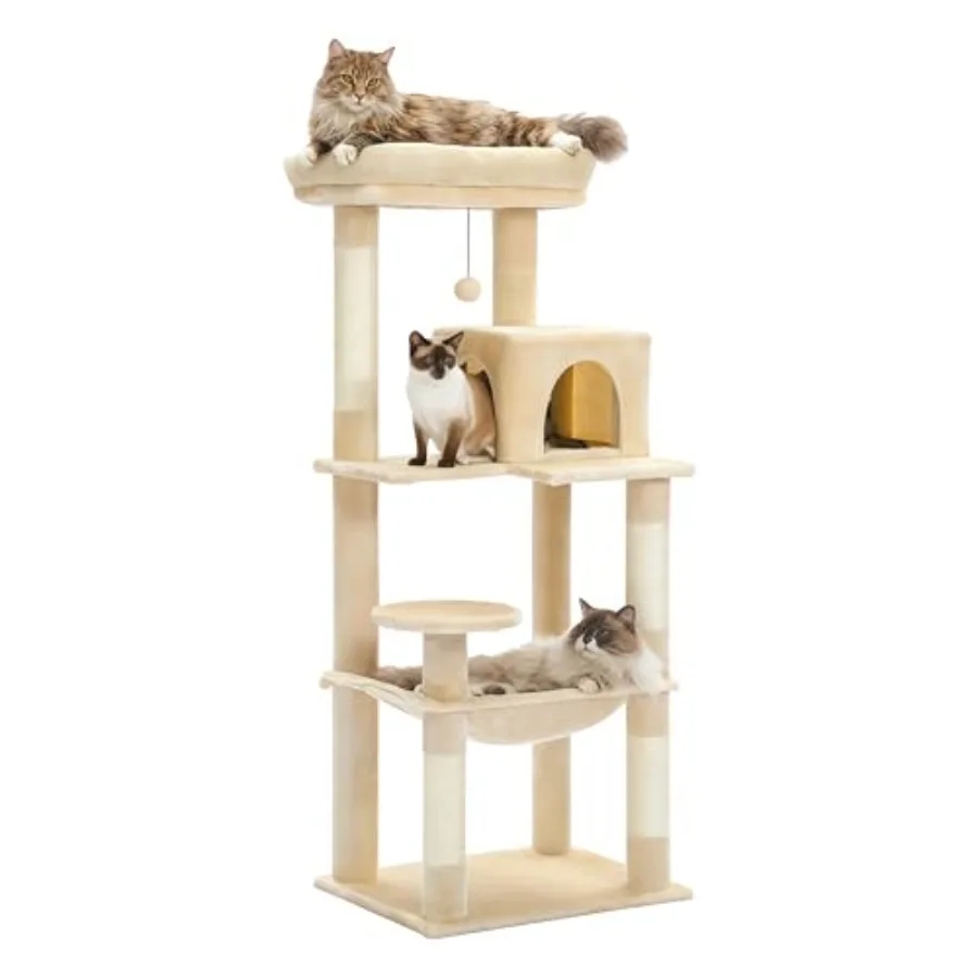 

56.3 Cat Tree for Large Cats Adult with Metal Plush Big Hammock 6-Tier Cat Shelves 2 Door Condo House Scratching Posts Large To