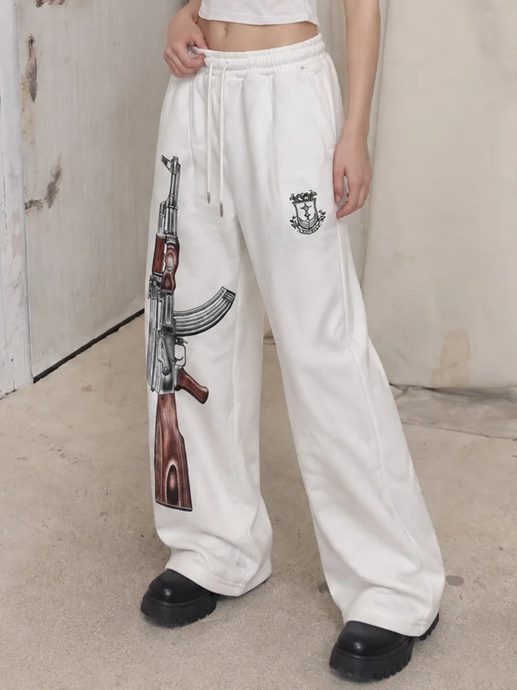 Unisex Dark 90s Aesthetic White Drawstring Sweatpants Vintage Crest Graphic Loose Jogger Casual Streetwear Sport Trousers