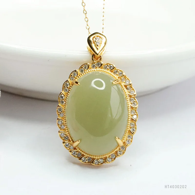 

S925 Silver Pendant Natural Hetian Jade Aqua Gemstone Necklace HT4030202