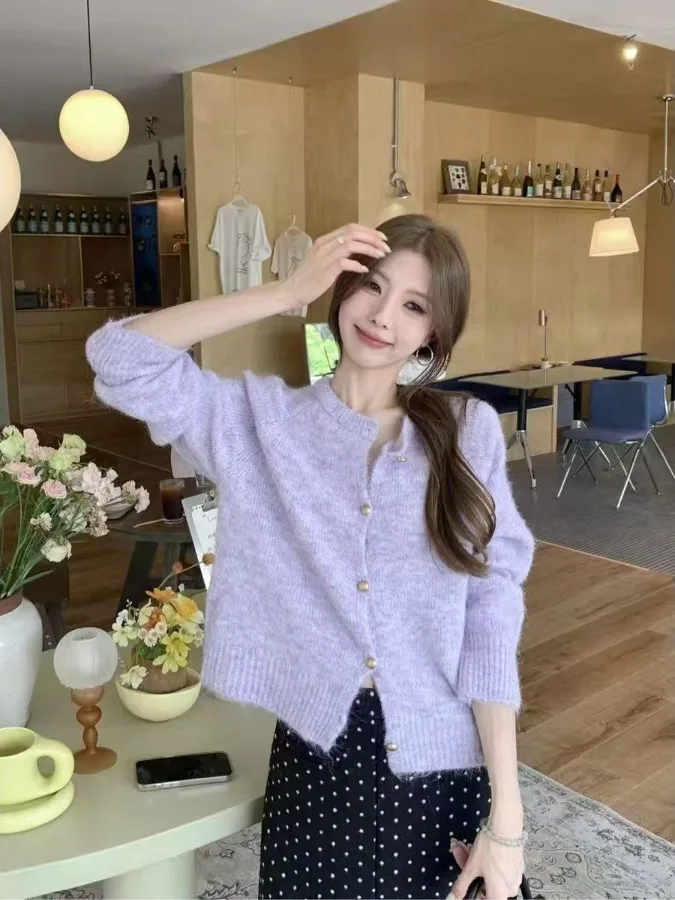 

Фиолетовый вязаный свитер-Over Sve, верхняя одежда, женский свободный круглый мягкий вязаный кардиган на раннюю осень, топ