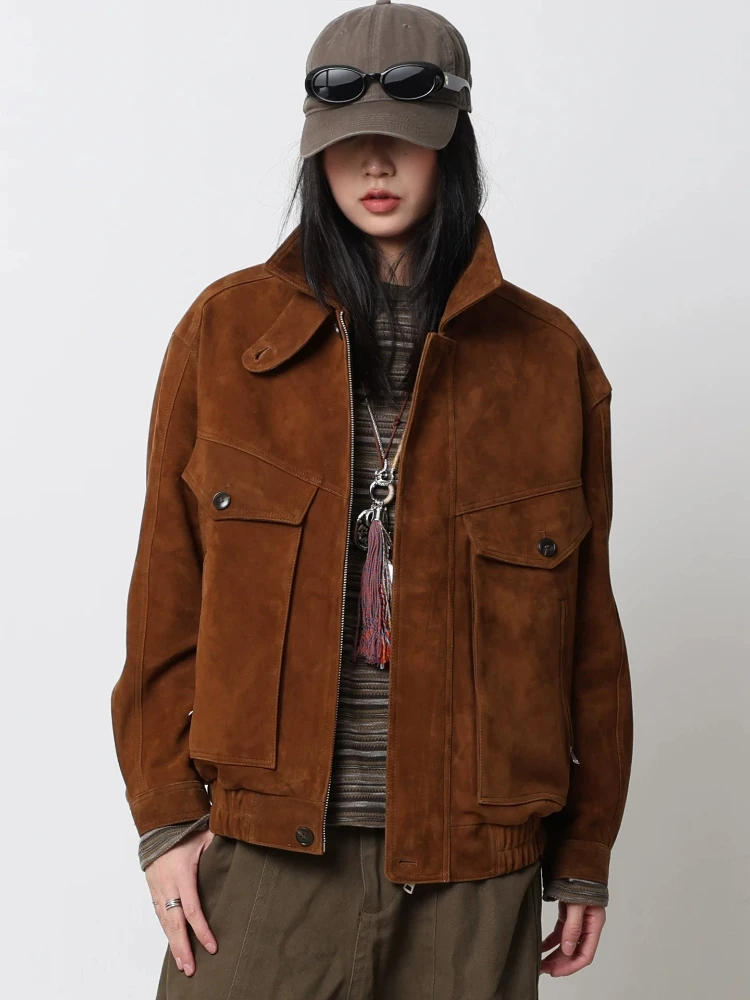 

Casual Genuine Leather Motorcycle Jackets for Women Spring Autumn High-end Simple Vintage Loose Real Sheepskin Suede Coat