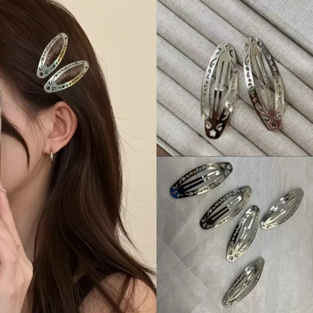 

8PCS Vintage Hollowed Out Pattern Hair Clips Y2K Geometric Silver Oval Snap Hairclips Punk Metal Side Hairpin Hair Accessories