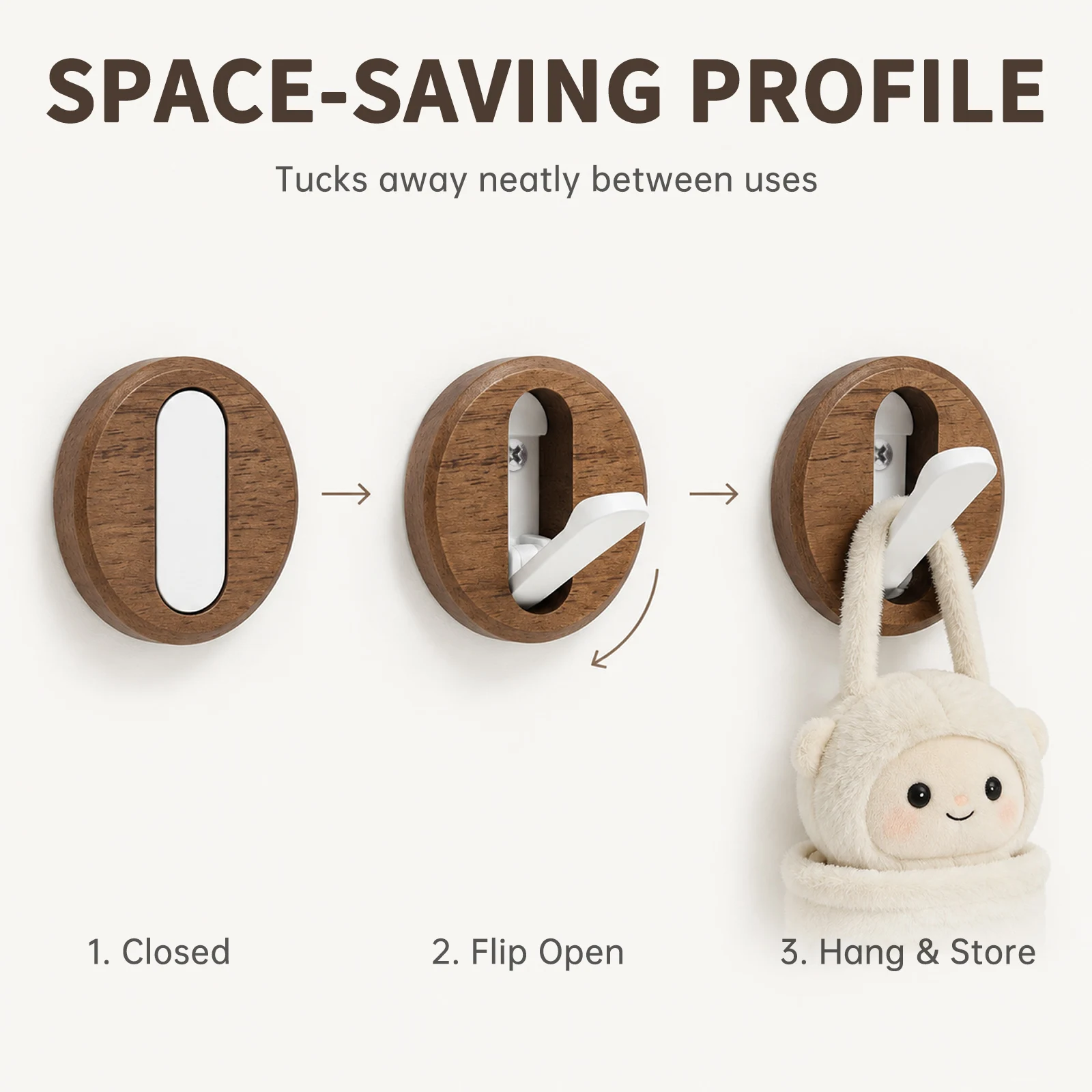 4 pcs 2.36 inch x 2.36 inch Rustic Walnut Wood Coat Hooks for Hanging Coat / Hat / Bags / Backpack with Invisible Hooks