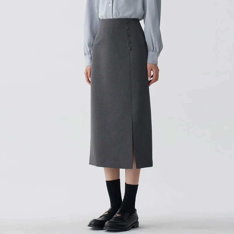 

Элегантные офисные женские однотонные юбки-миди, женские корейские модные прямые юбки с высокой талией и запахом на бедрах, тонкие повседневные юбки