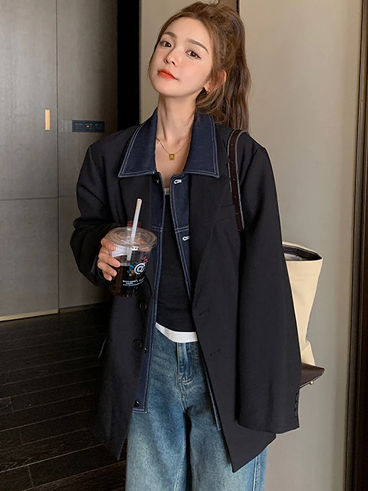 LANMREM Denim Spliced Lapel Blazer Women Fashion Long Sleeves Single Breasted Black Coat Streetwear 2024 Autumn New 2AA2159