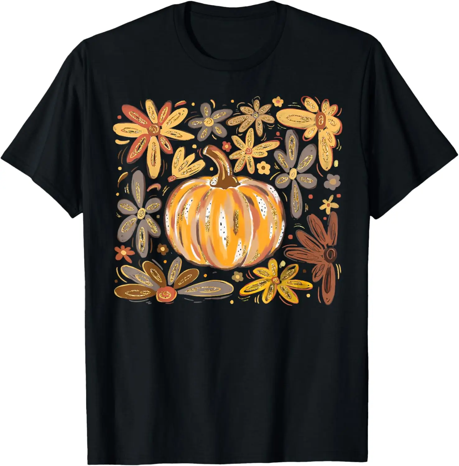 Wildflower Pumpkin Season Autumn Fall Leaves Thanksgiving T-Shirt 100% Cotton Trendy Y2K Short-Sleeve Tee – Soft, Quick-Drying,