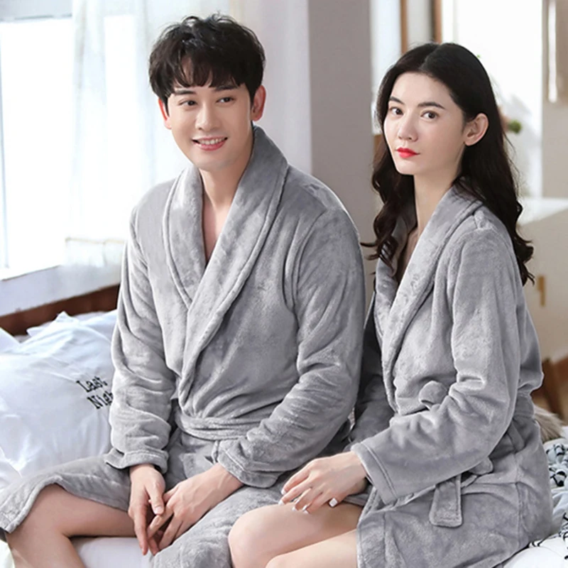 Winter Coral Fleece Kimono Gown Home Robe Women Thick Warm Nightgown Lounge Nightwear Couple Lovers Sleepwear Plush Men Bathrobe