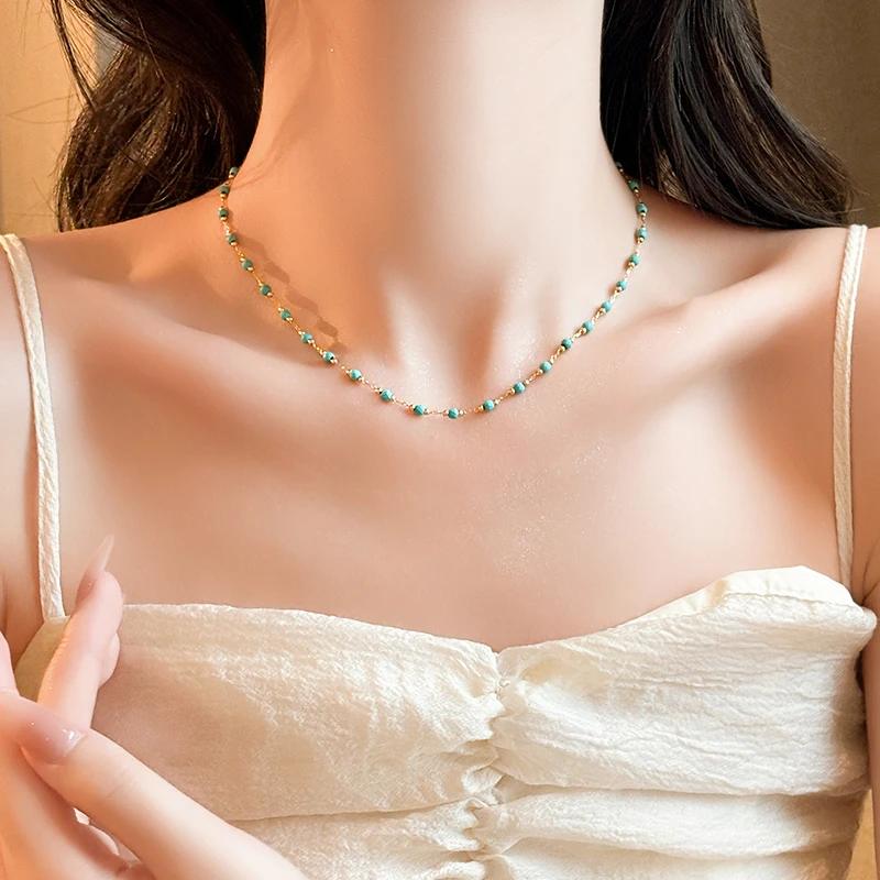 Retro Grüne Perle Gold Farbe Kette Schlüsselbein Kette 2025, Neue Mode-Design Schmuck Für Sommer frauen Sexy Halskette Zubehör – Detail 7