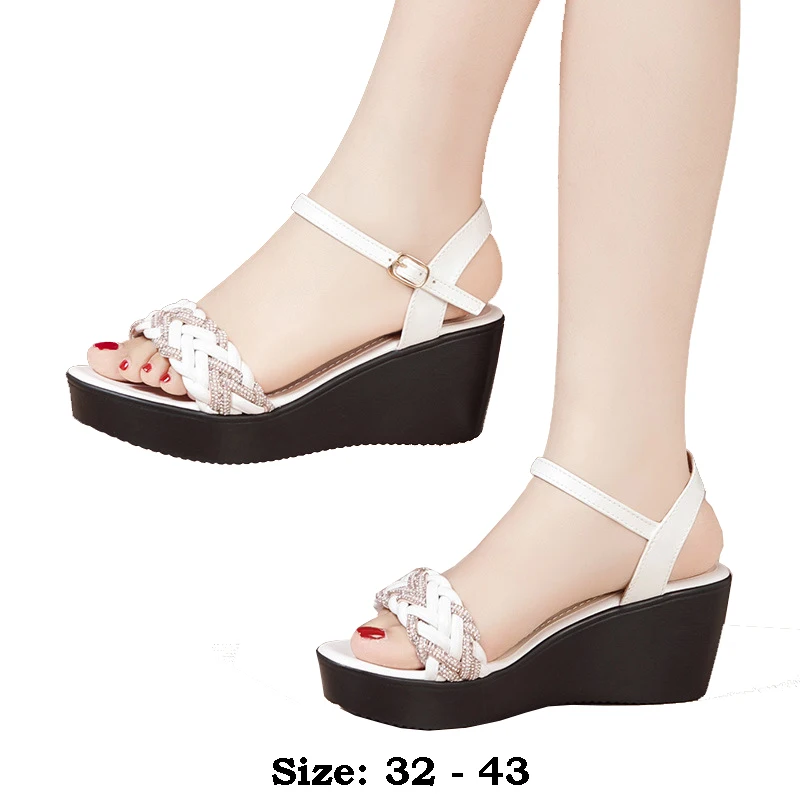 

High quality summer wedge sandals for women 6cm mid heel new 2024 size 32 33 42 43 platform open toe elegant shoe black white