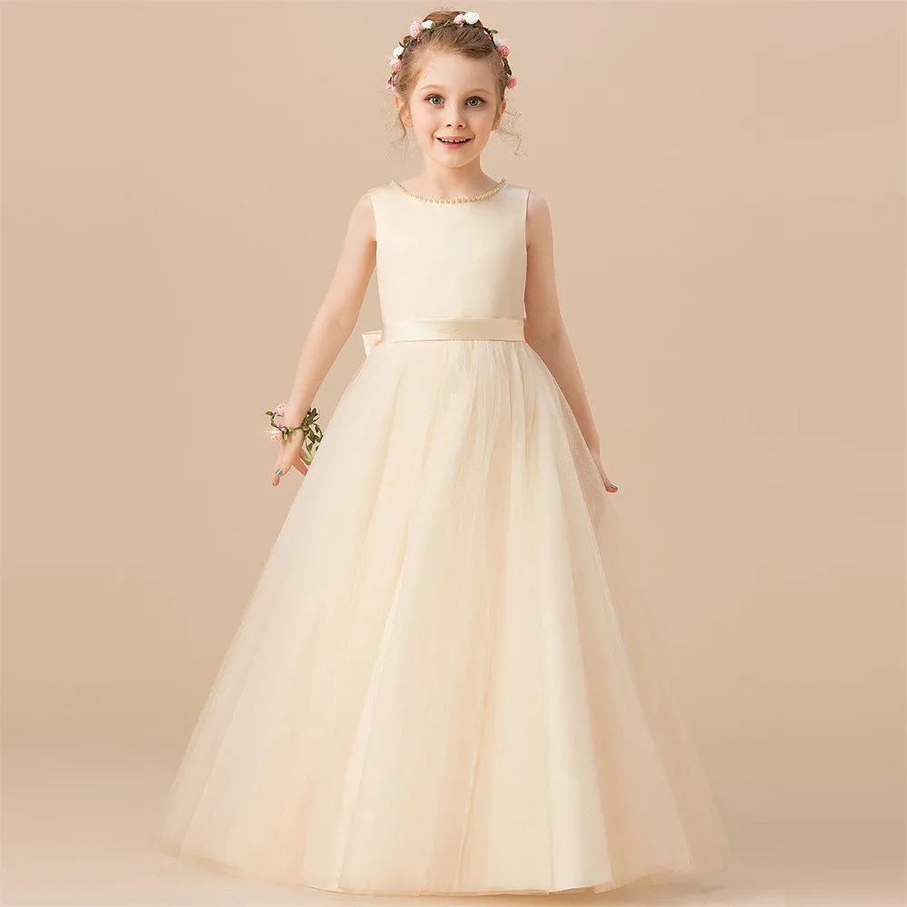 Flower Girl Dresses Sleeveless Beads Bow Belt First Communion Ball Party Wedding Birthday Formal Wear Events Event Celebrations