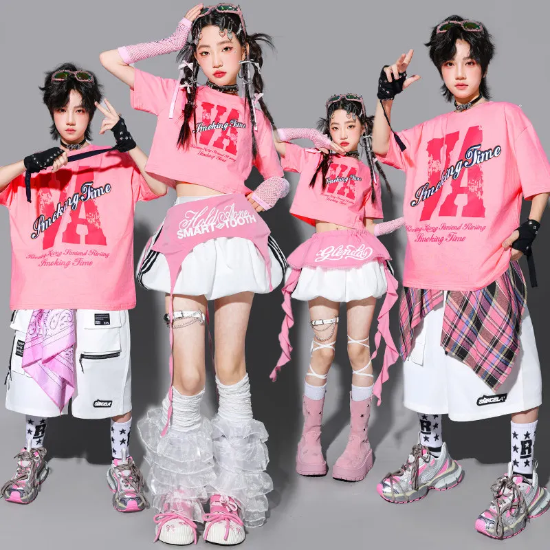 Children's Hiphop Street Dance Performance Outfit Pink Jazz Dance Clothing for Boys And Girls Trendy Fashion Stage Costume