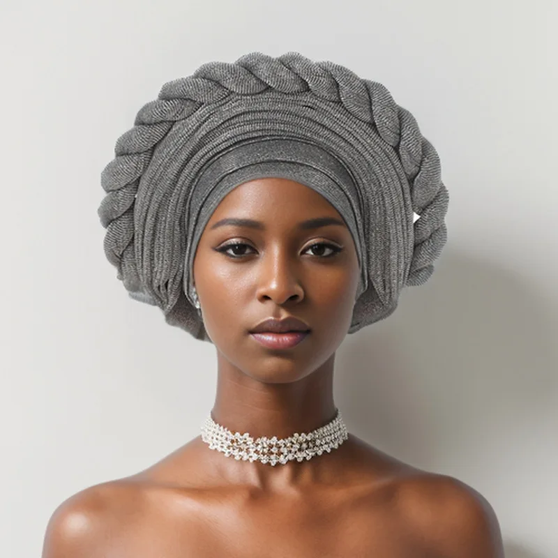 

2024 New African Braid Auto Gele Wedding Party Head Wrap Muslim Women Hijab Bonnet Turban Cap Nigeria Already Made Aso Oke Hat