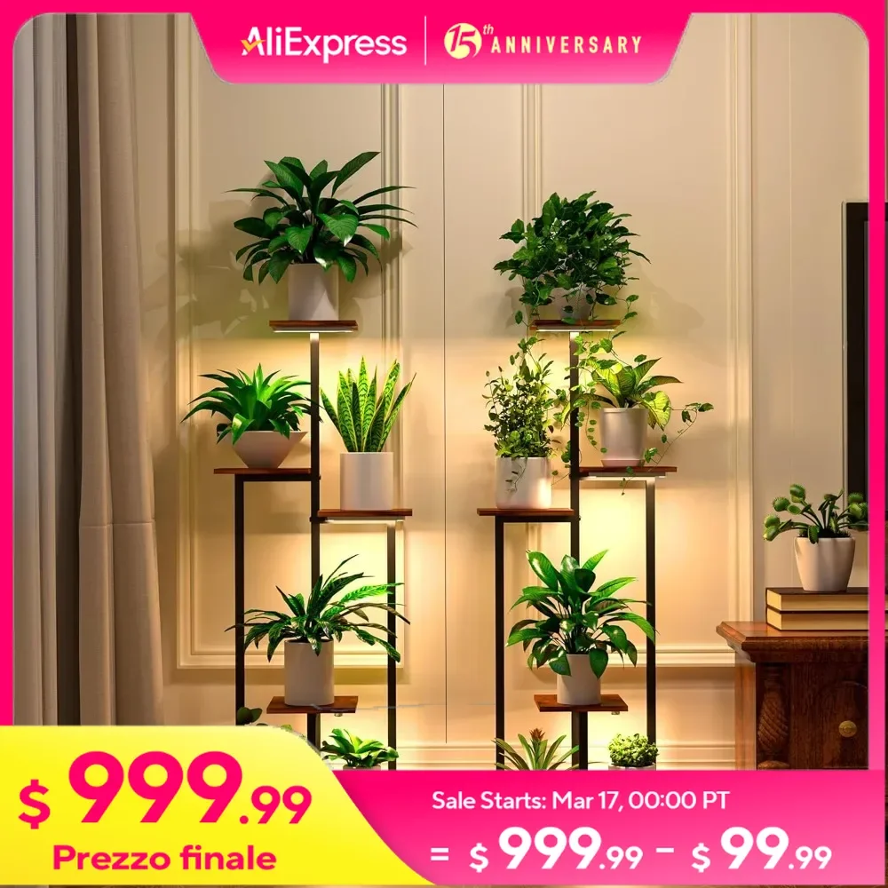 2-Pack Indoor Metal Plant Stand with 6 Grow Light, Plants Rack Display Flower Holder, 5 Tiered Corner Plant Stand Shelves