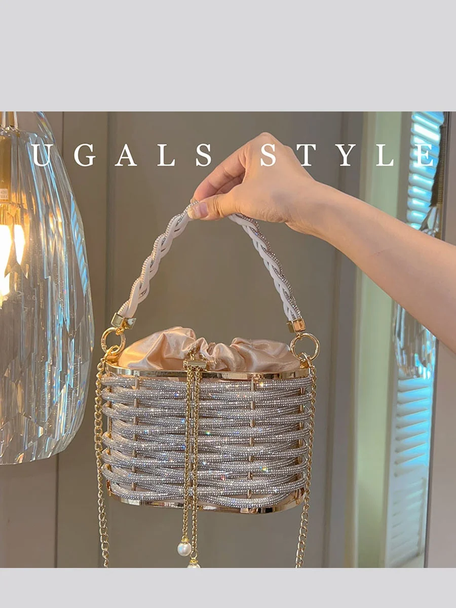 

UGALS Metal Handwoven Shiny Diamond Rope Bucket Bag Crossbody Handheld Party Birdcage Fashionable Hard Small Size