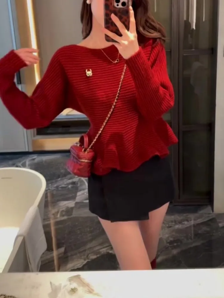 Maglione lavorato a maglia rosso di Capodanno da donna con design ingombrante in vita in pizzo Casual Faion Commute Sle Thi Maglieria calda