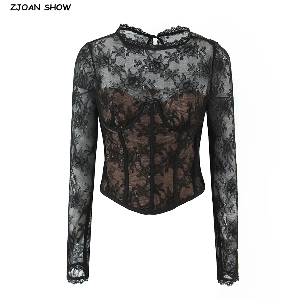 Sexy O neck Black Perspective Lace with khaki lining Long Sleeve Tee Women Wire Bra Crop Top Hollow Out Back Slim fit T-shirts