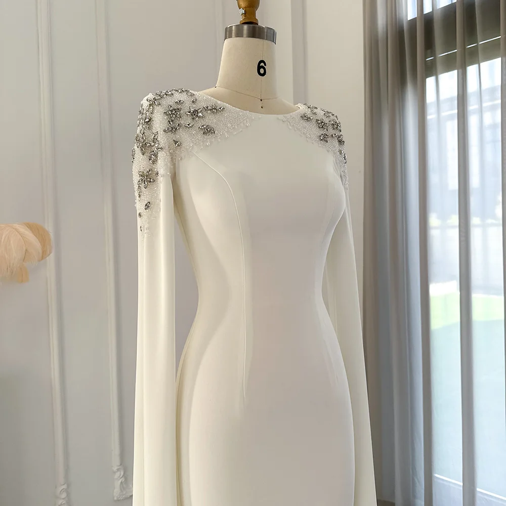 Sharon Said Elegantes Weißes Meerjungfrauenkleid Dubai Abendkleid Damen Hochzeitsfeier Umhangärmel Muslimische Formelle Kleider SF280 Maßanfertigung – Detail 11