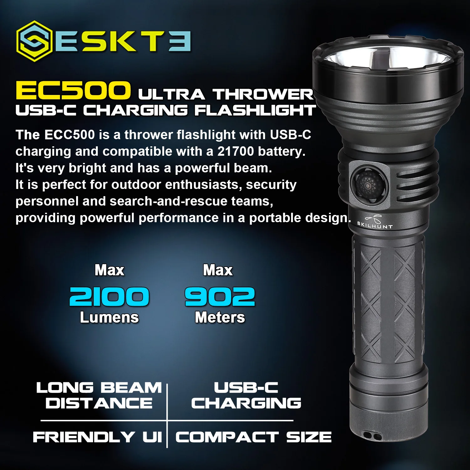 SKILHUNT EKSTE EC500 2100 Lumens 21700 USB-C Rechargeable Long-Range Flashlight