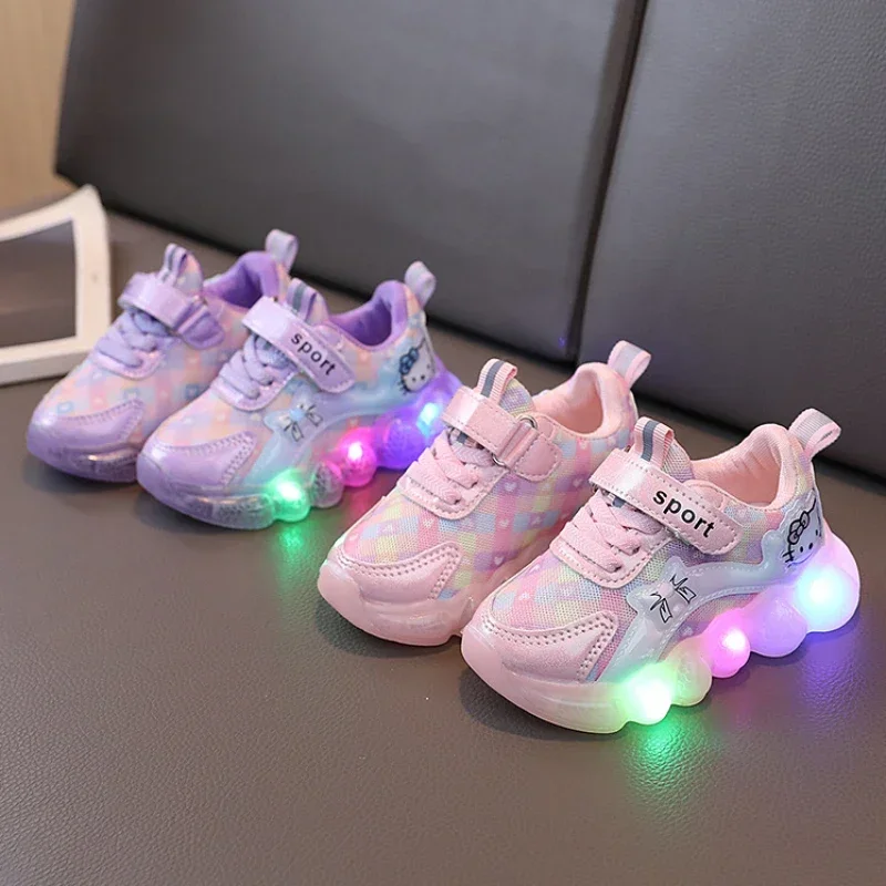 Girl\'s Cartoon Hello Kitty Light Shoes Children Mesh Breathable Led Light  Luminous Sneakers Kids Outdoor Anti-slip Casual Shoes