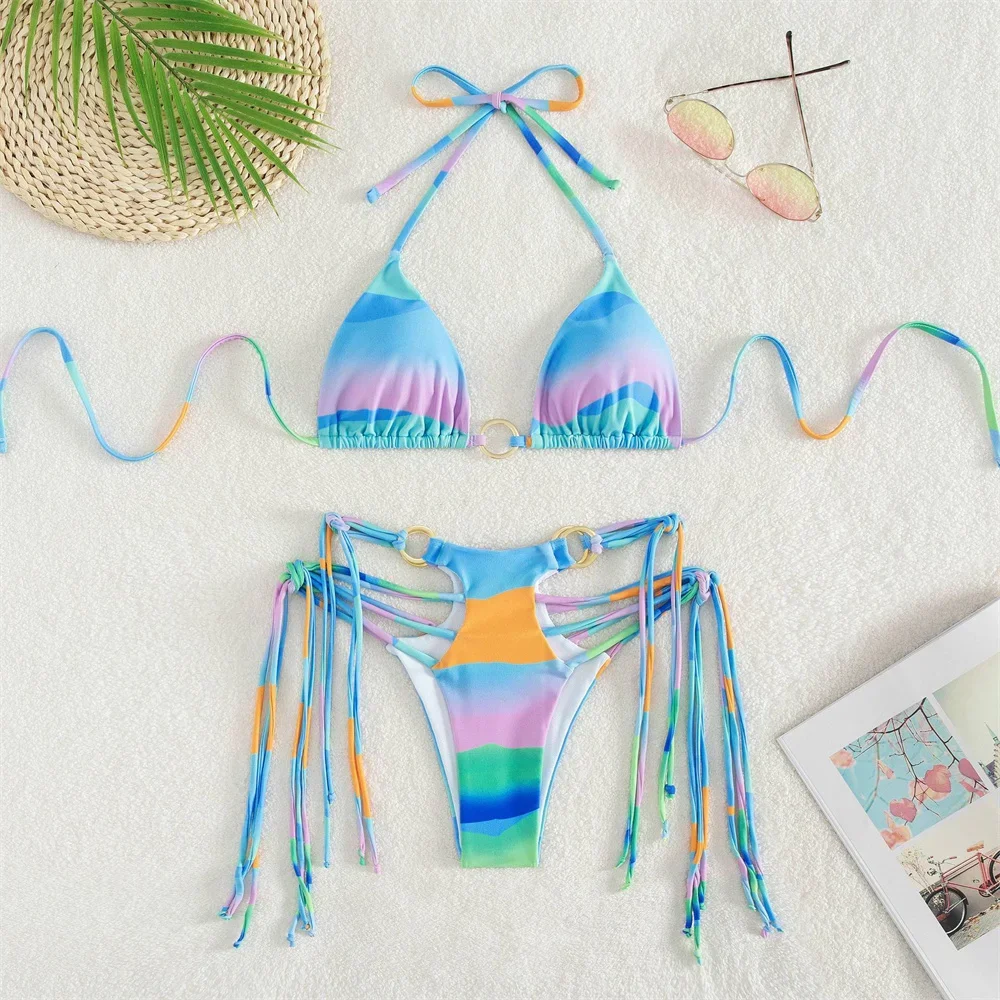 Gradient Bikini Micro String Extrem Swimsuit Fringe Strappy Swimwear Y2K Backless Women Separate Beach Rings Tangas Bathing Suit