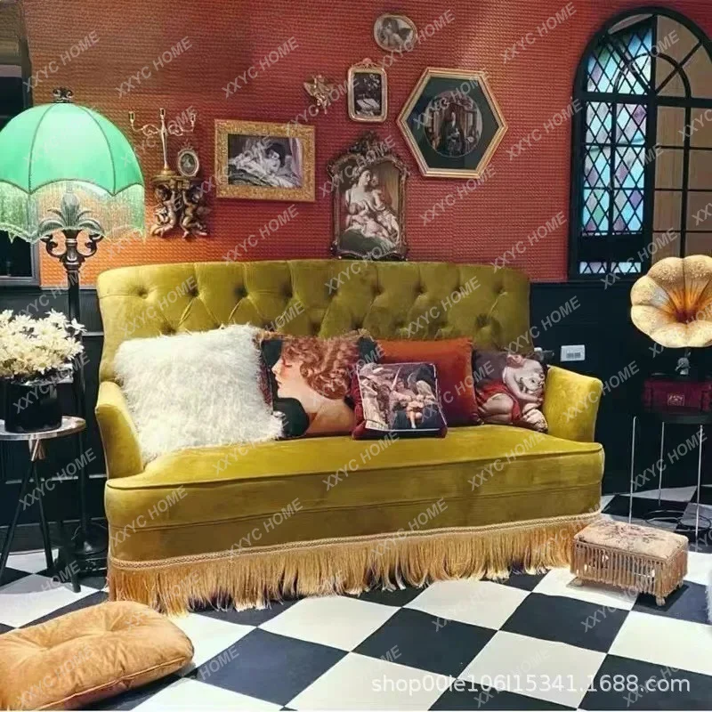 Retro medieval studio  tassel pull buckle single and double three-person fabric sofa