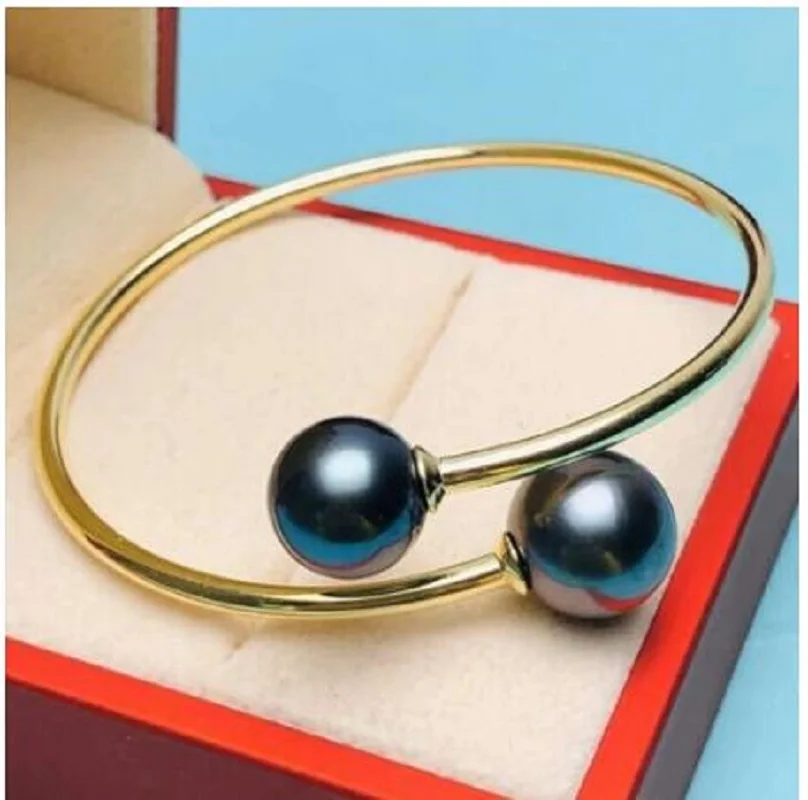 Gorgeous AAAAA Huge 11-10mm Round South Sea Black pearl bracelet 14k Gold P