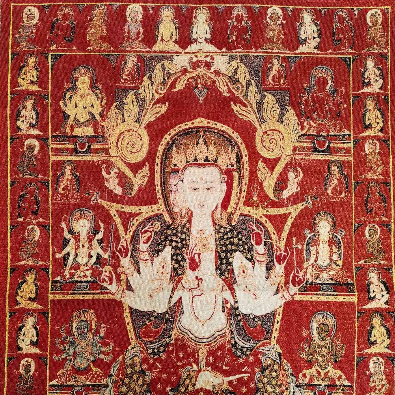 36Inch Tibetan Silk Buddhist Statue Of A 3-Faced, 8-Armed Bodhisattva Redtangkathangka4
